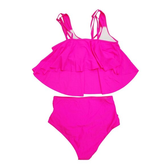 Pink High-Waisted Bikini Set Strappy Tankini Top  Ruched Bottoms Size M Swimsuit - Picture 5 of 5